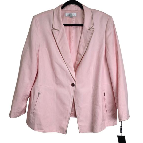 Tahari ASL Arthur Levine Pink Linen Blazer with tan lapel trim, Size 18W, NWT - Picture 1 of 7